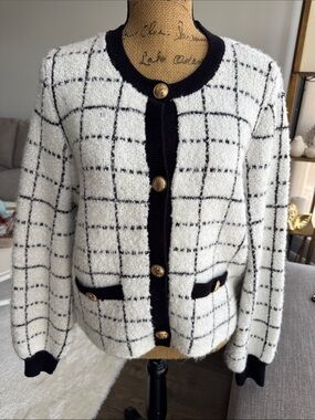 Express White and Black Windowpane Tweed Cardigan Blazer